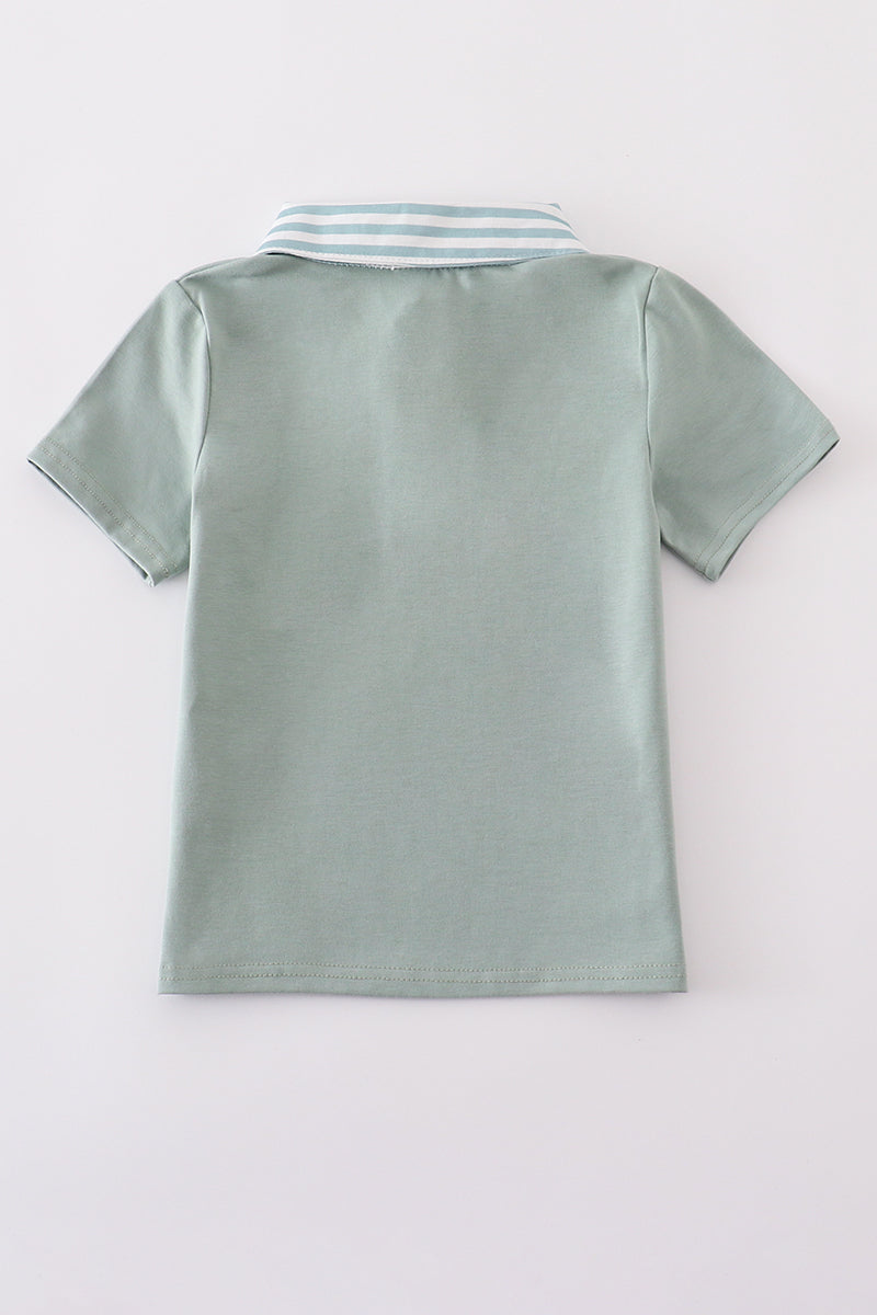 Striped Collar Polo Tee – Sage Green
