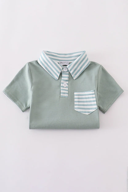 Striped Collar Polo Tee – Sage Green