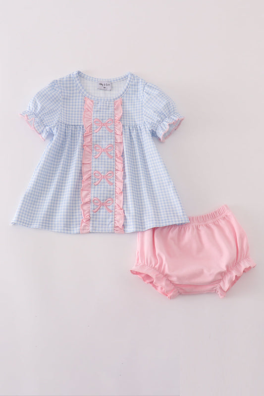Baby Girl Blue Gingham Bow Top & Pink Bloomer Set – Sweet Ruffle Infant Outfit