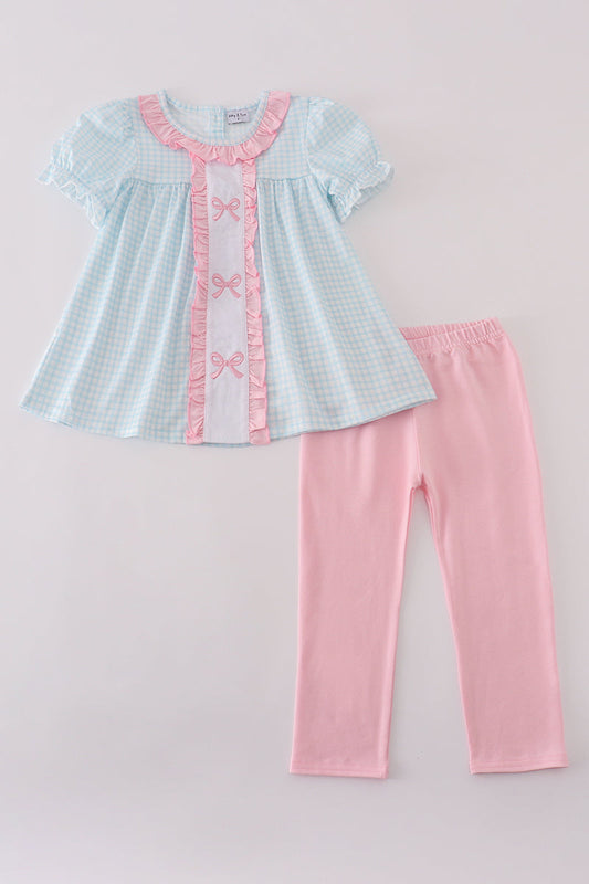 Blue Gingham Ruffle Top & Pink Leggings Set