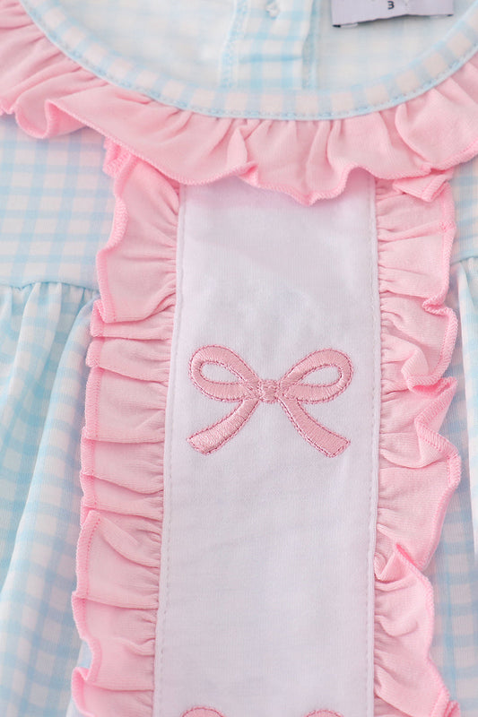 Blue Gingham Ruffle Top & Pink Leggings Set