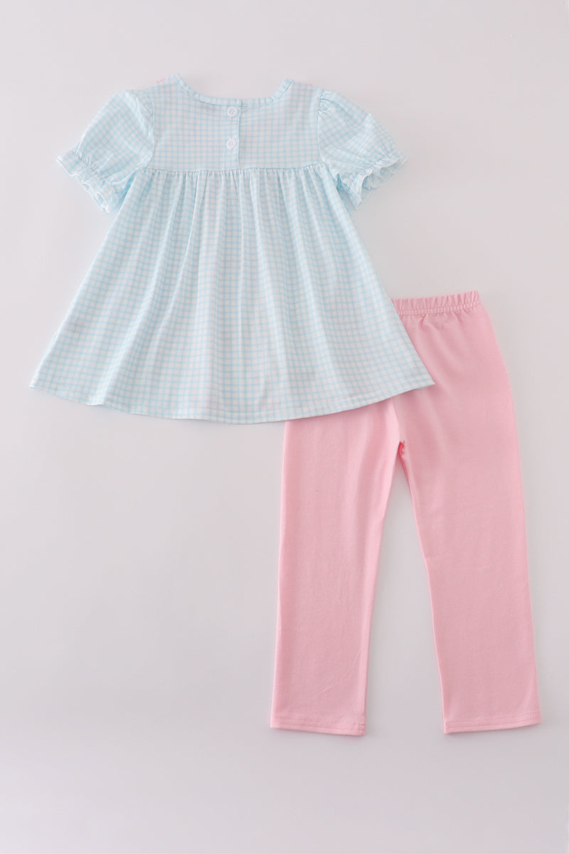 Blue Gingham Ruffle Top & Pink Leggings Set