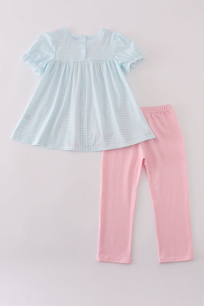 Blue Gingham Ruffle Top & Pink Leggings Set