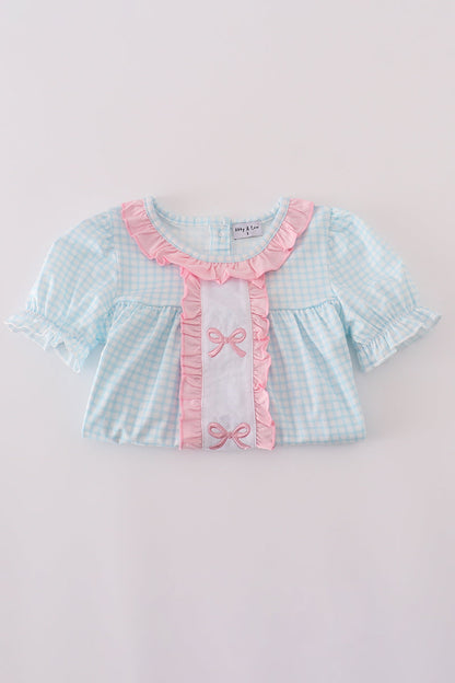 Blue Gingham Ruffle Top & Pink Leggings Set