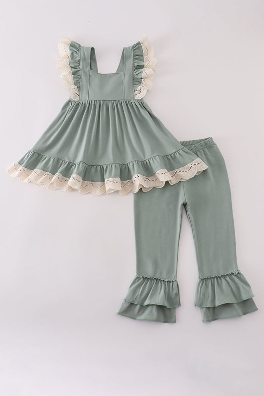 Sage Lace Ruffle Pant Set