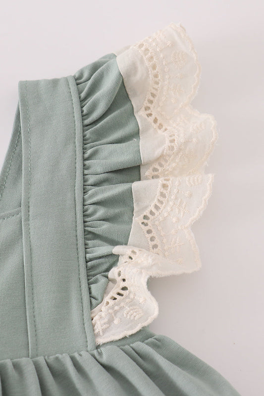 Sage Green Ruffle Baby Girl Romper Set with Lace Trim – 2-Piece Outfit