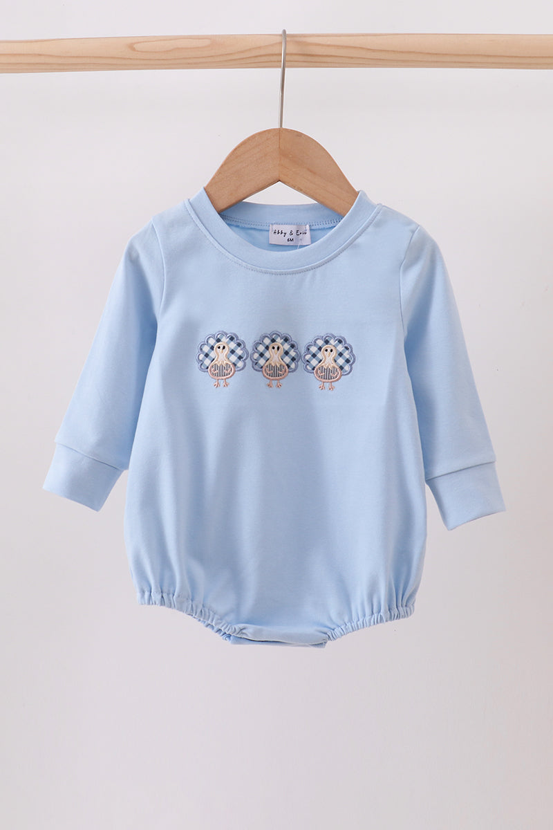 Gingham Turkey Embroidered Bubble Romper - Long Sleeved