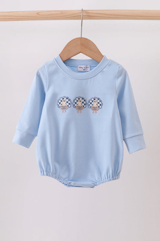 Gingham Turkey Embroidered Bubble Romper - Long Sleeved