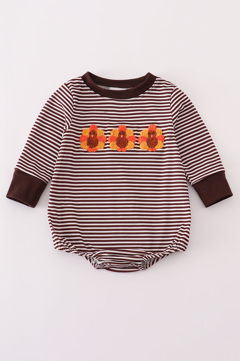 Baby Turkey Trio Thanksgiving Bubble Romper – Brown Stripe Long Sleeve