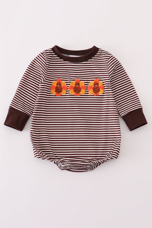 Baby Turkey Trio Thanksgiving Bubble Romper – Brown Stripe Long Sleeve