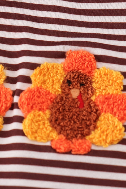 Baby Turkey Trio Thanksgiving Bubble Romper – Brown Stripe Long Sleeve
