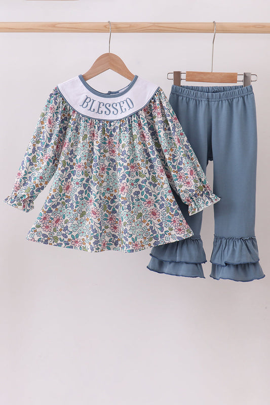 Blessed Baby Girl Outfit – Floral Tunic Top with Ruffle Pants Set