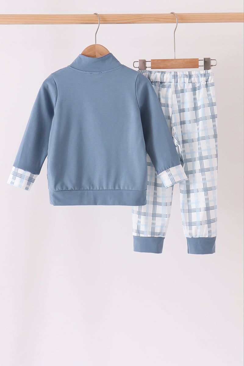 Boys’ Blue Pullover & Blue Plaid Jogger Set