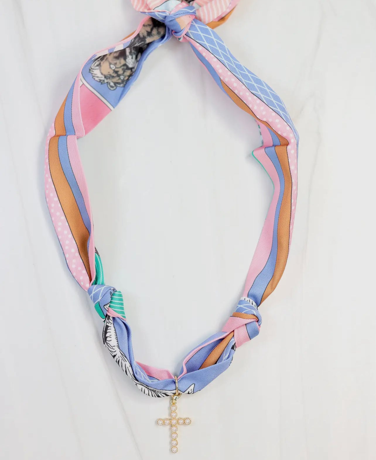Pastel Silk Scarf Necklace with Crystal Cross Pendant