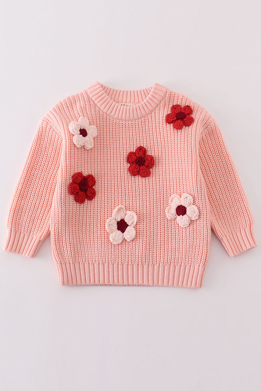 Pink Knit Sweater with 3D Flowers
