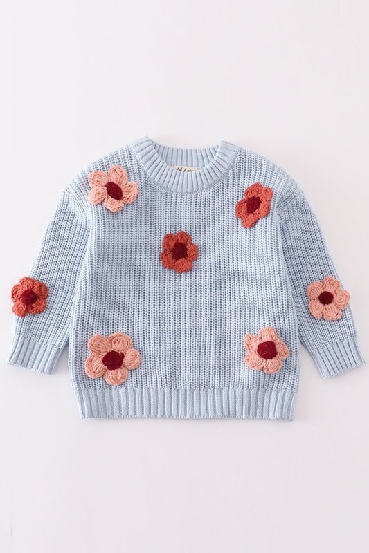 Toddler Girls’ Knit Sweater with Floral Appliqué, Cozy Blue Pullover