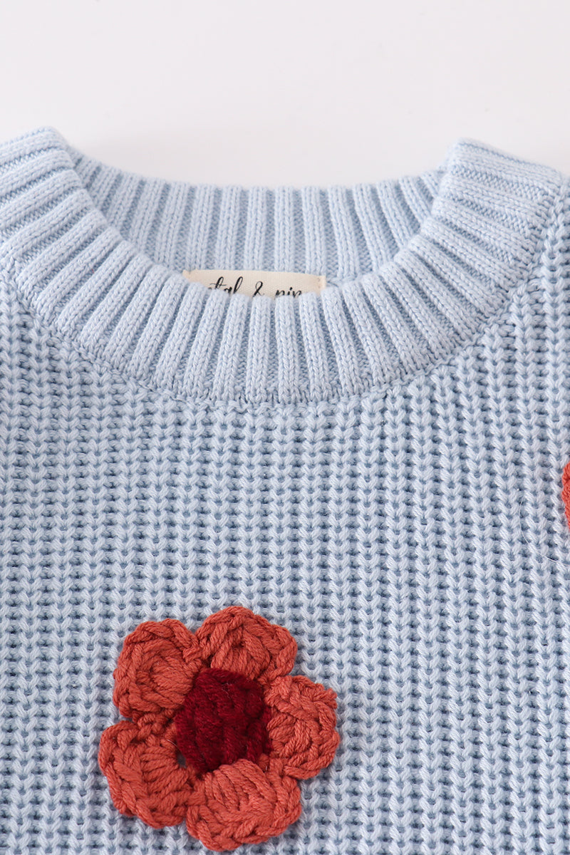 Toddler Girls’ Knit Sweater with Floral Appliqué, Cozy Blue Pullover