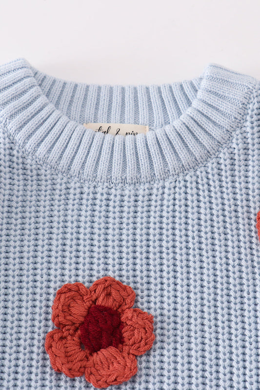 Toddler Girls’ Knit Sweater with Floral Appliqué, Cozy Blue Pullover