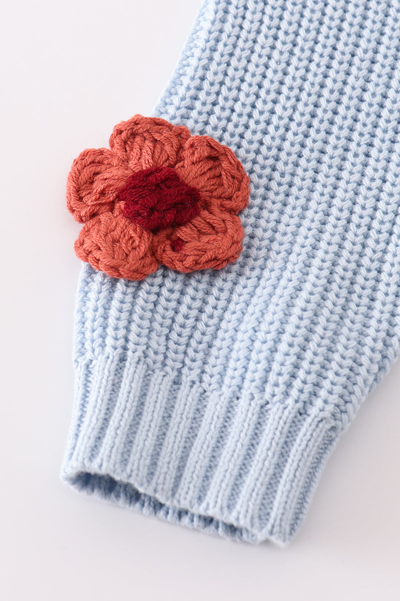 Toddler Girls’ Knit Sweater with Floral Appliqué, Cozy Blue Pullover