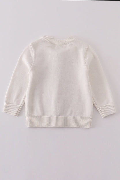 Girls’ White Knit Cardigan with Colorful Bow Design