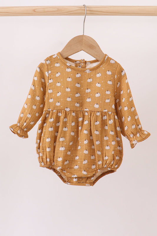 Baby Girl Pumpkin Print Long Sleeve Bubble Romper
