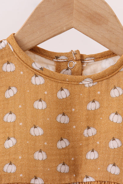 Baby Girl Pumpkin Print Long Sleeve Bubble Romper