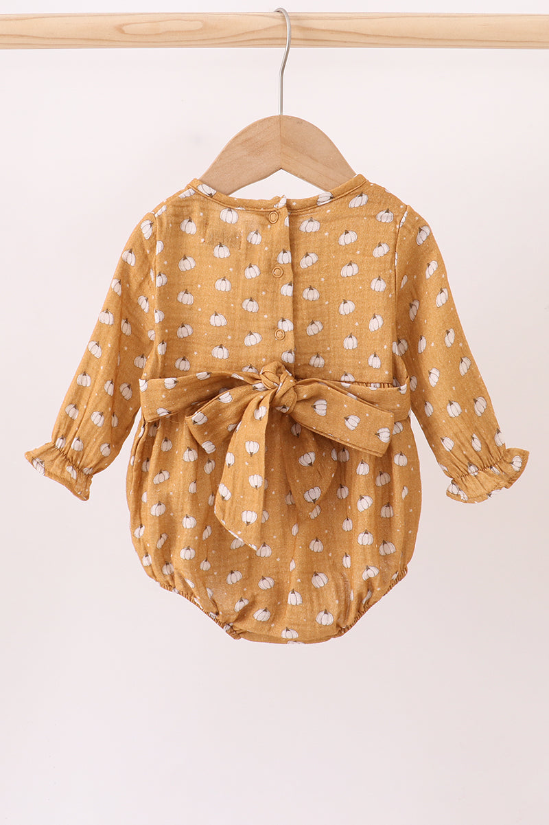 Baby Girl Pumpkin Print Long Sleeve Bubble Romper