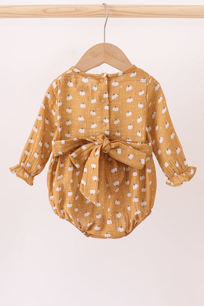Baby Girl Pumpkin Print Long Sleeve Bubble Romper
