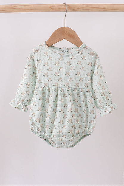 Baby Girl Long Sleeve Bubble Romper – Sage Flying Ducks Print