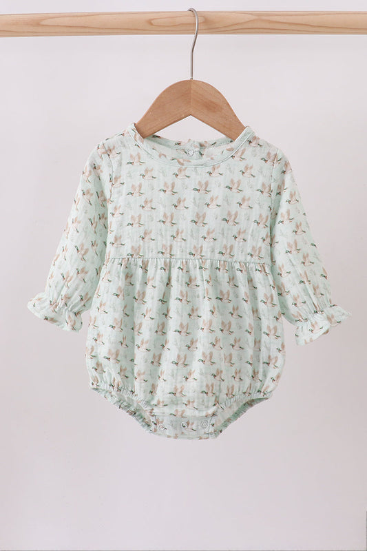 Baby Girl Long Sleeve Bubble Romper – Sage Flying Ducks Print