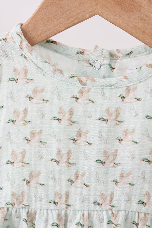 Long Sleeve Bubble Romper – Sage Flying Ducks Print