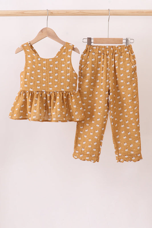 Girls Pumpkin Print Two-Piece Set – Mustard Peplum Top & Pants