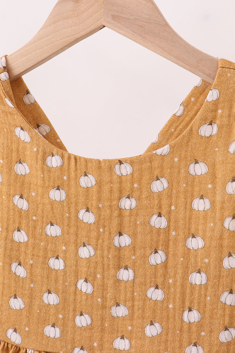 Girls Pumpkin Print Two-Piece Set – Mustard Peplum Top & Pants