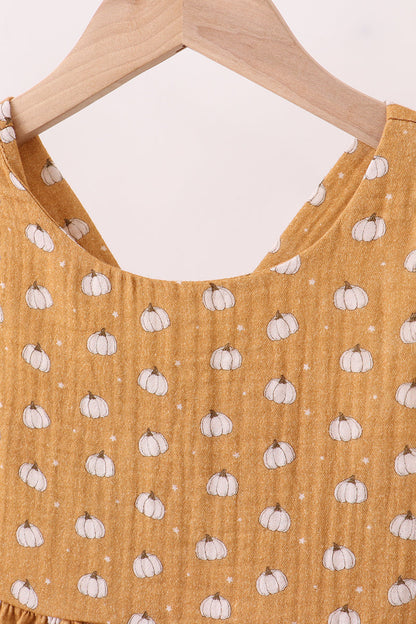 Girls Pumpkin Print Two-Piece Set – Mustard Peplum Top & Pants