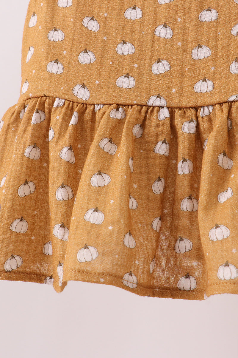 Girls Pumpkin Print Two-Piece Set – Mustard Peplum Top & Pants