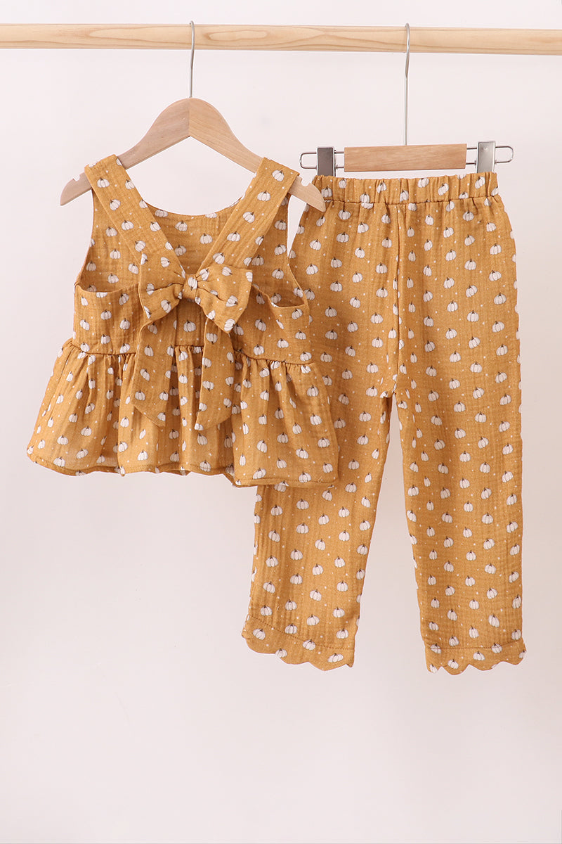 Girls Pumpkin Print Two-Piece Set – Mustard Peplum Top & Pants