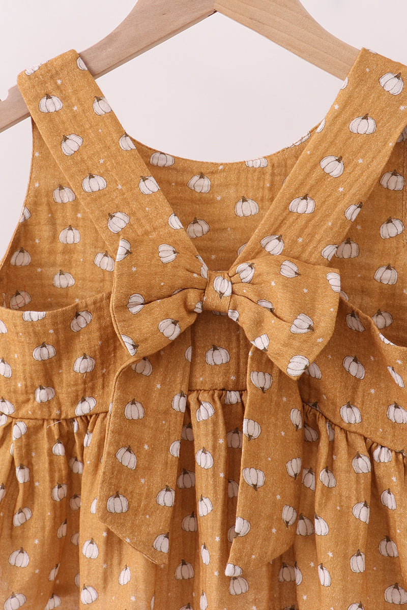 Girls Pumpkin Print Two-Piece Set – Mustard Peplum Top & Pants
