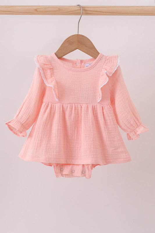 Baby Girl Long Sleeve Ruffle Bubble Romper – Soft Pink