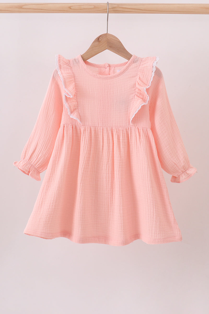 Girls Long Sleeve Ruffle Muslin Dress – Soft Pink