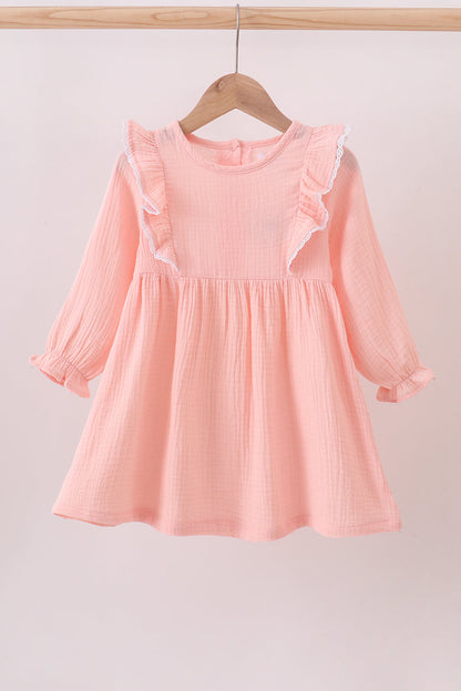 Girls Long Sleeve Ruffle Muslin Dress – Soft Pink