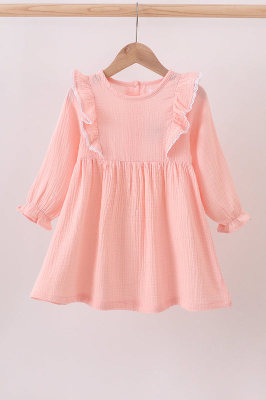 Girls Long Sleeve Ruffle Muslin Dress – Soft Pink