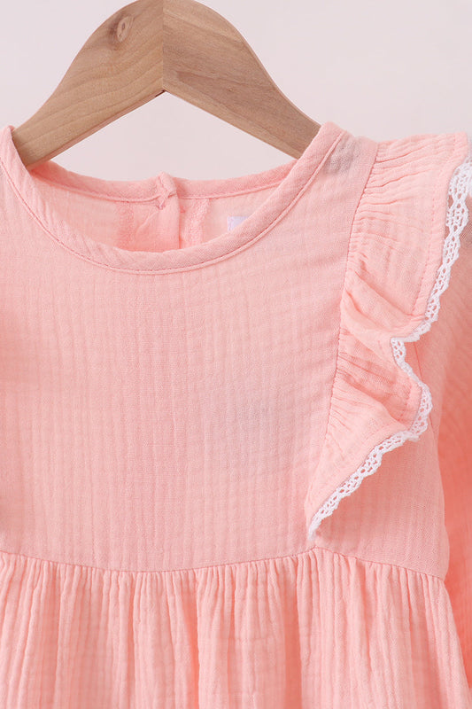 Girls Long Sleeve Ruffle Muslin Dress – Soft Pink