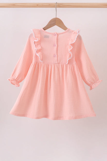 Girls Long Sleeve Ruffle Muslin Dress – Soft Pink
