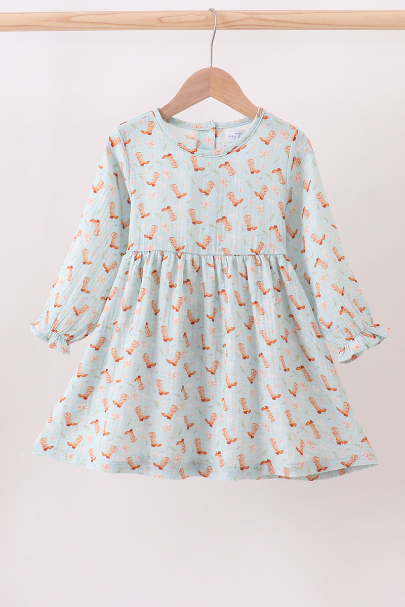 Girls Long Sleeve Twirl Dress – Mint Cowgirl Boots Print

