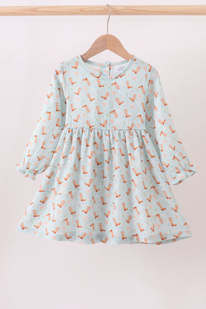 Girls Long Sleeve Twirl Dress – Mint Cowgirl Boots Print

