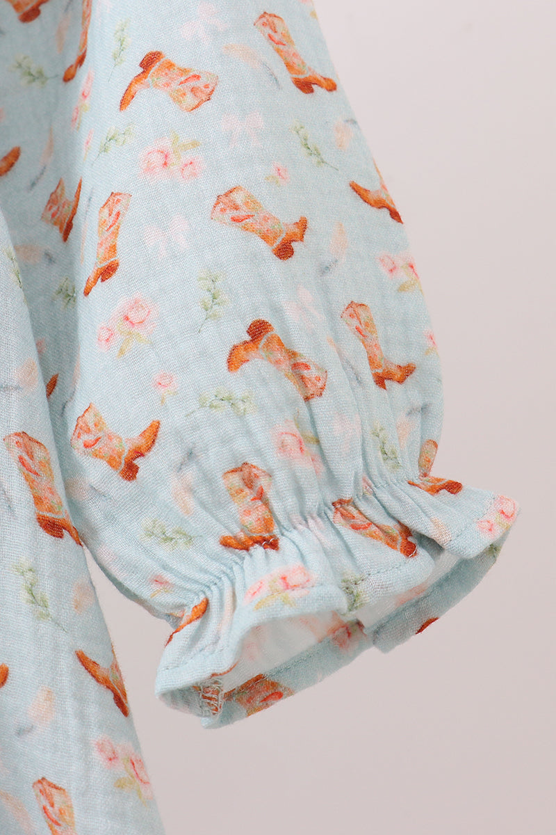 Girls Long Sleeve Twirl Dress – Mint Cowgirl Boots Print