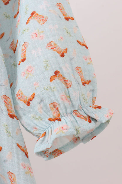 Girls Long Sleeve Twirl Dress – Mint Cowgirl Boots Print