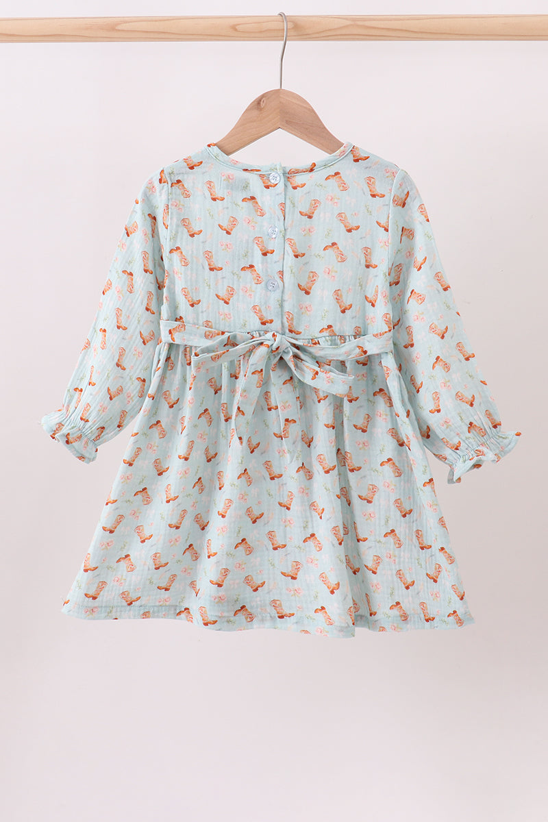 Girls Long Sleeve Twirl Dress – Mint Cowgirl Boots Print