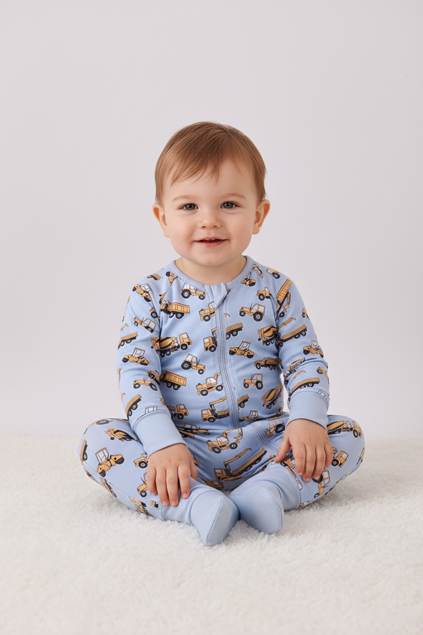 Blue Construction Trucks Baby Zip Romper – Soft Cotton One-Piece Pajamas