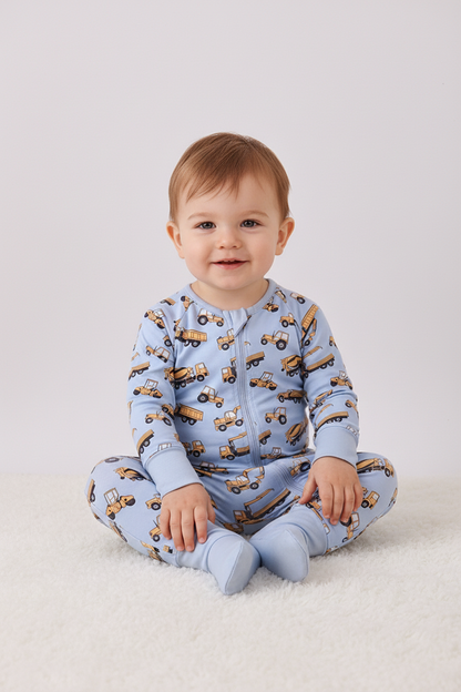 Blue Construction Trucks Baby Zip Romper – Soft Cotton One-Piece Pajamas